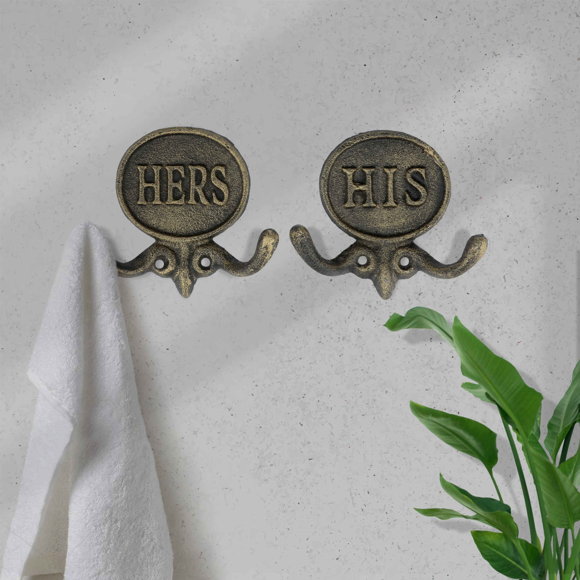 Set of 2 Aged Gold His and Hers Towel Hooks, 5.8"