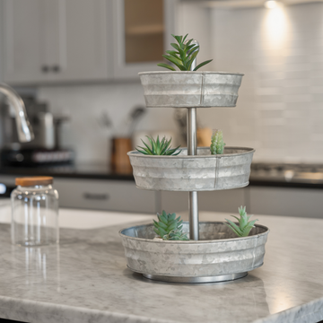 3 Tier Galvanized Round Metal Tray, 18"
