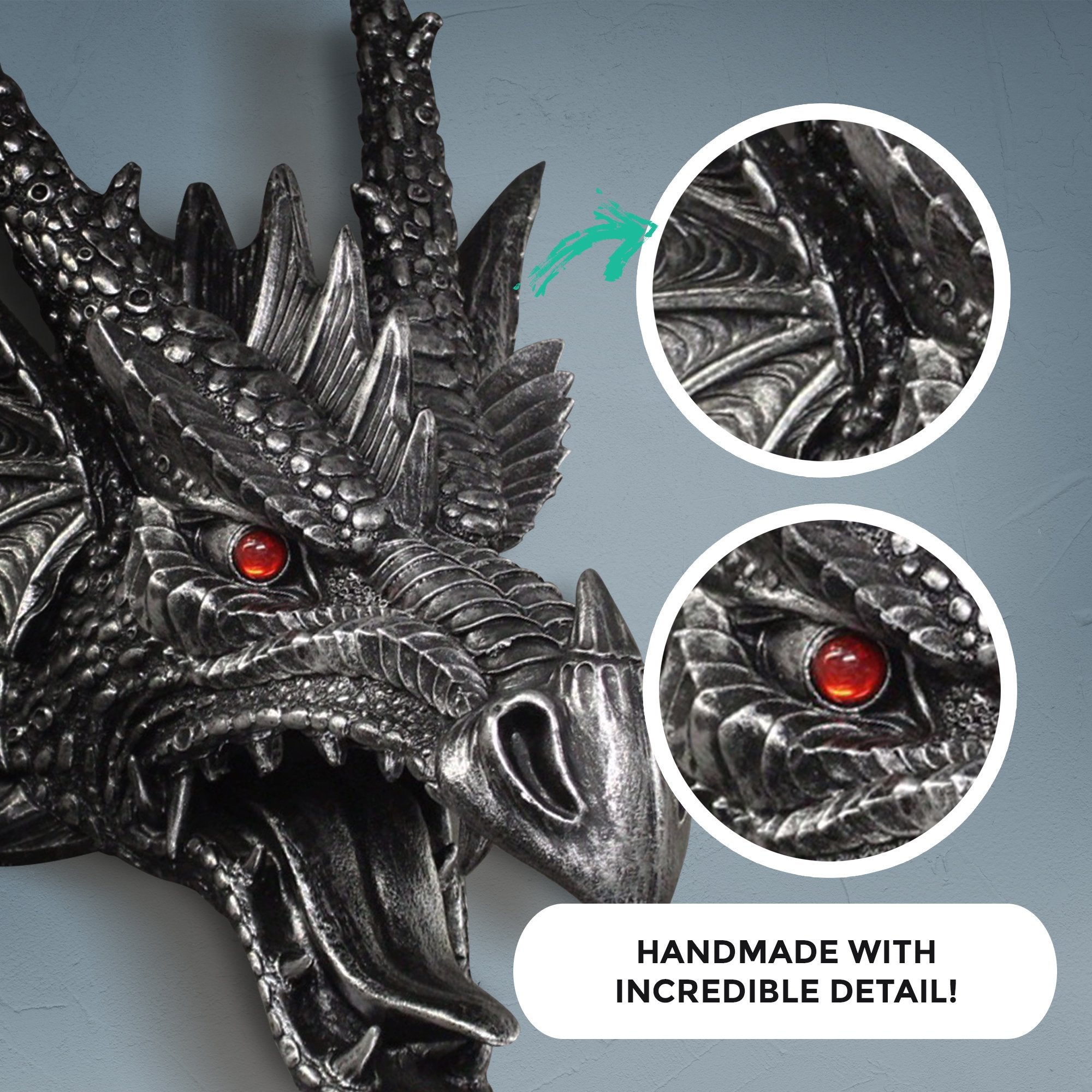 Antique Silver Faux Dragon Head 18 inches detail