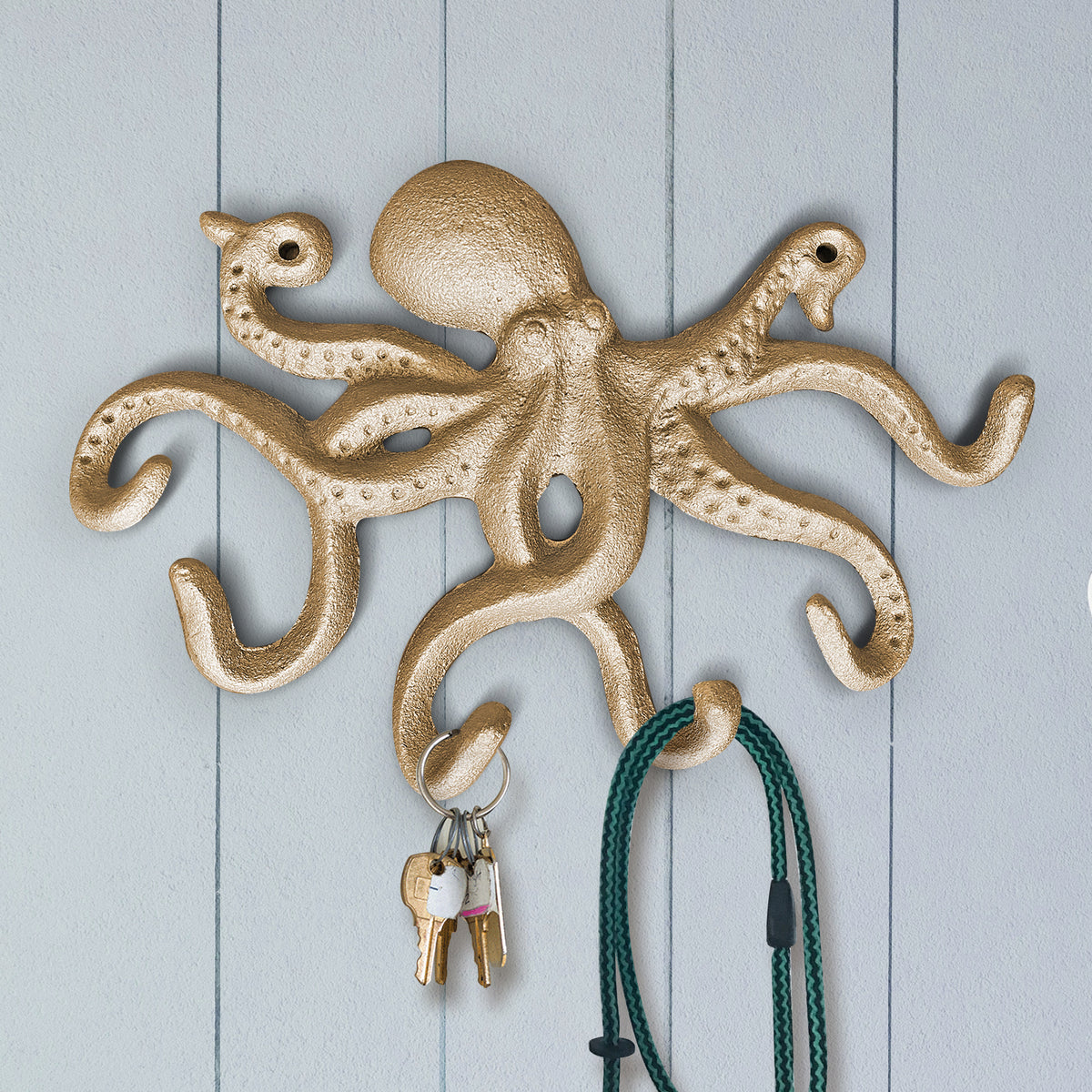 Octopus Key Rack, Octopus Wall Hook, Cast Iron Green and Gold Octopus Hook,  Jewelry Hanger