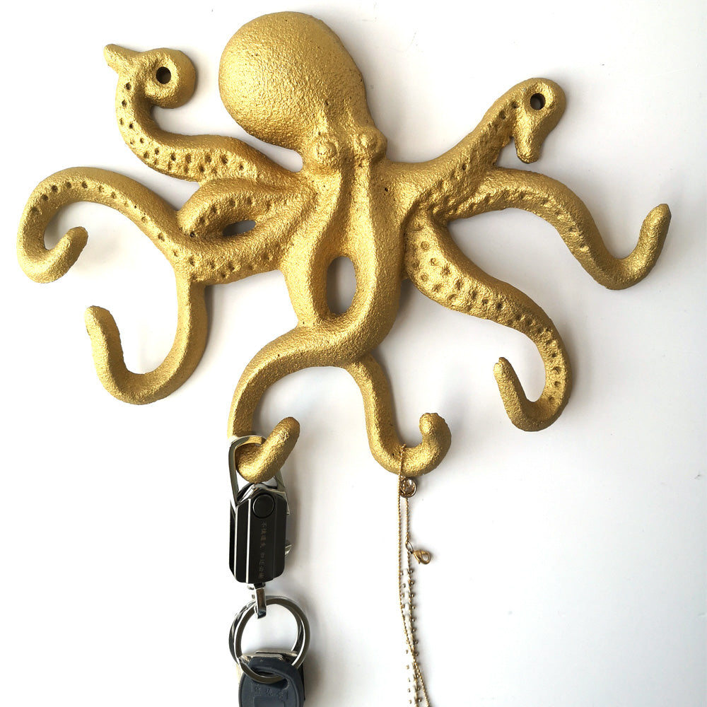 Gold Cast Iron Octopus Wall Hook, 10.5"