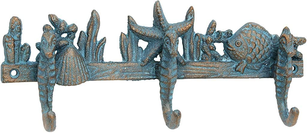 Cast Iron Turquoise Patina Seahorse Wall Hooks, 11.2"