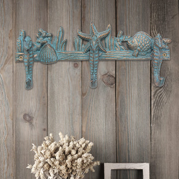 Cast Iron Turquoise Patina Seahorse Wall Hooks, 11.2"