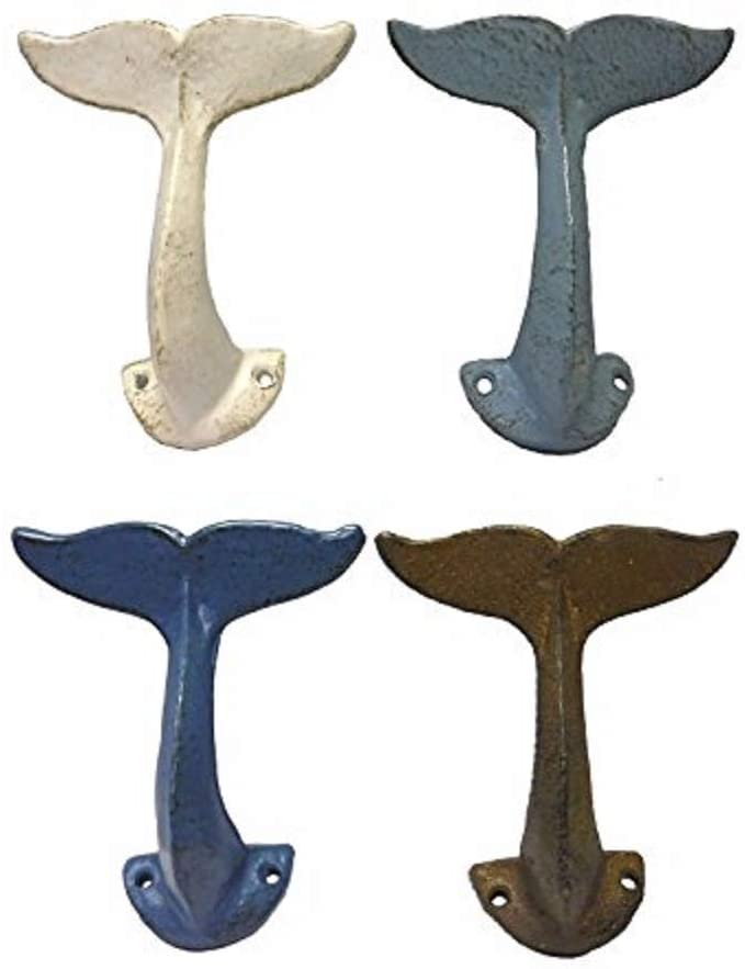 Cast Iron Whale's Tails Decorative Wall Hooks, Set of 4