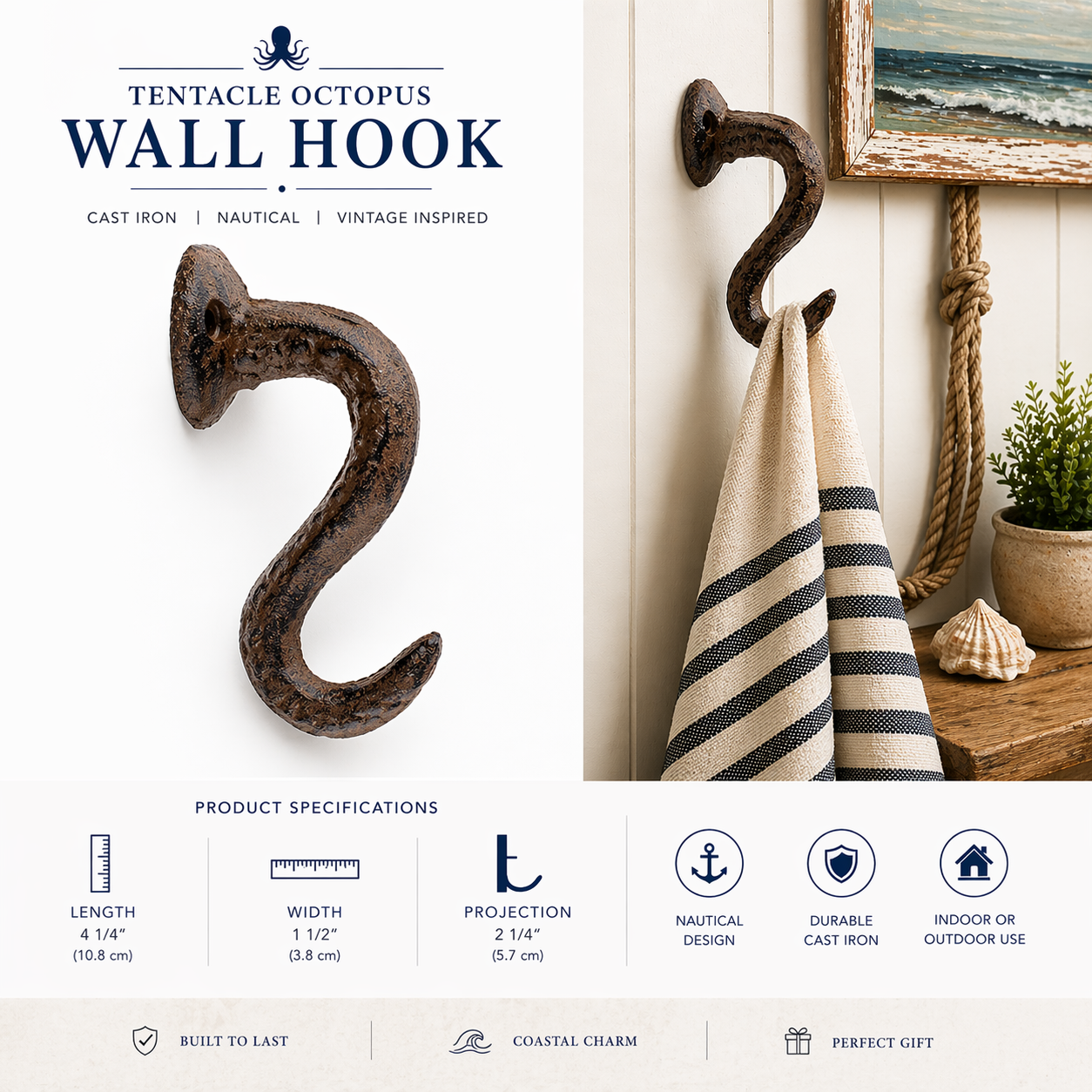 Octopus Tentacle Wall Hook – Cast Iron Nautical Decor (Rustic Brown)