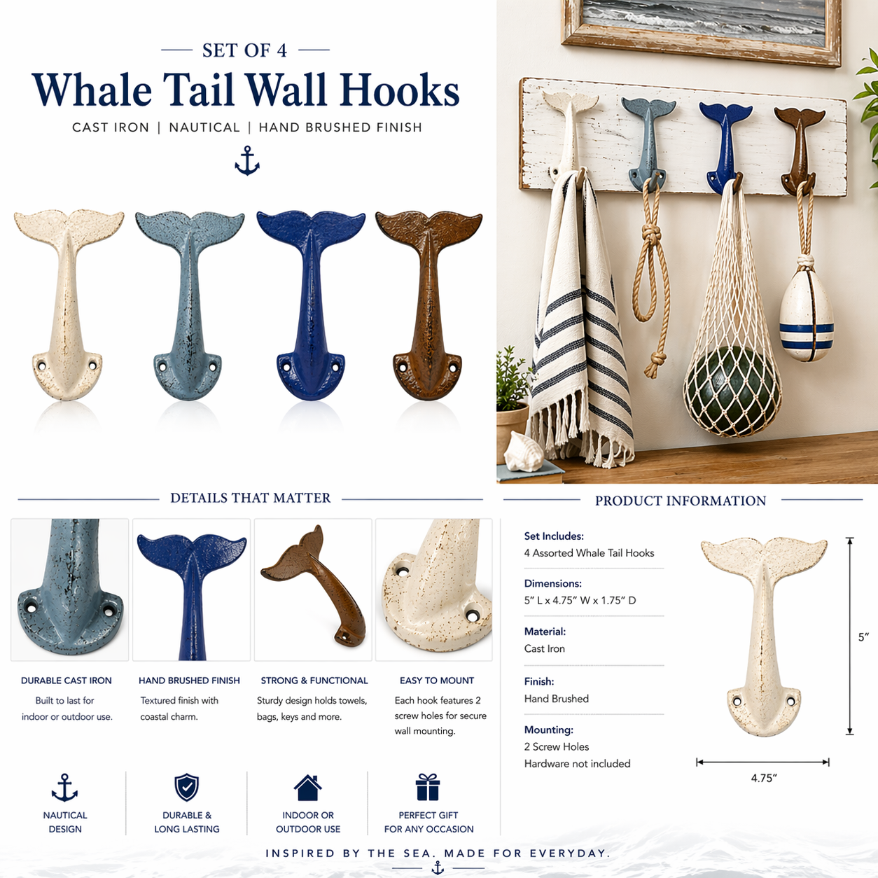 Set of 4 Whale Tail Wall Hooks – Cast Iron Nautical Beach House Decor