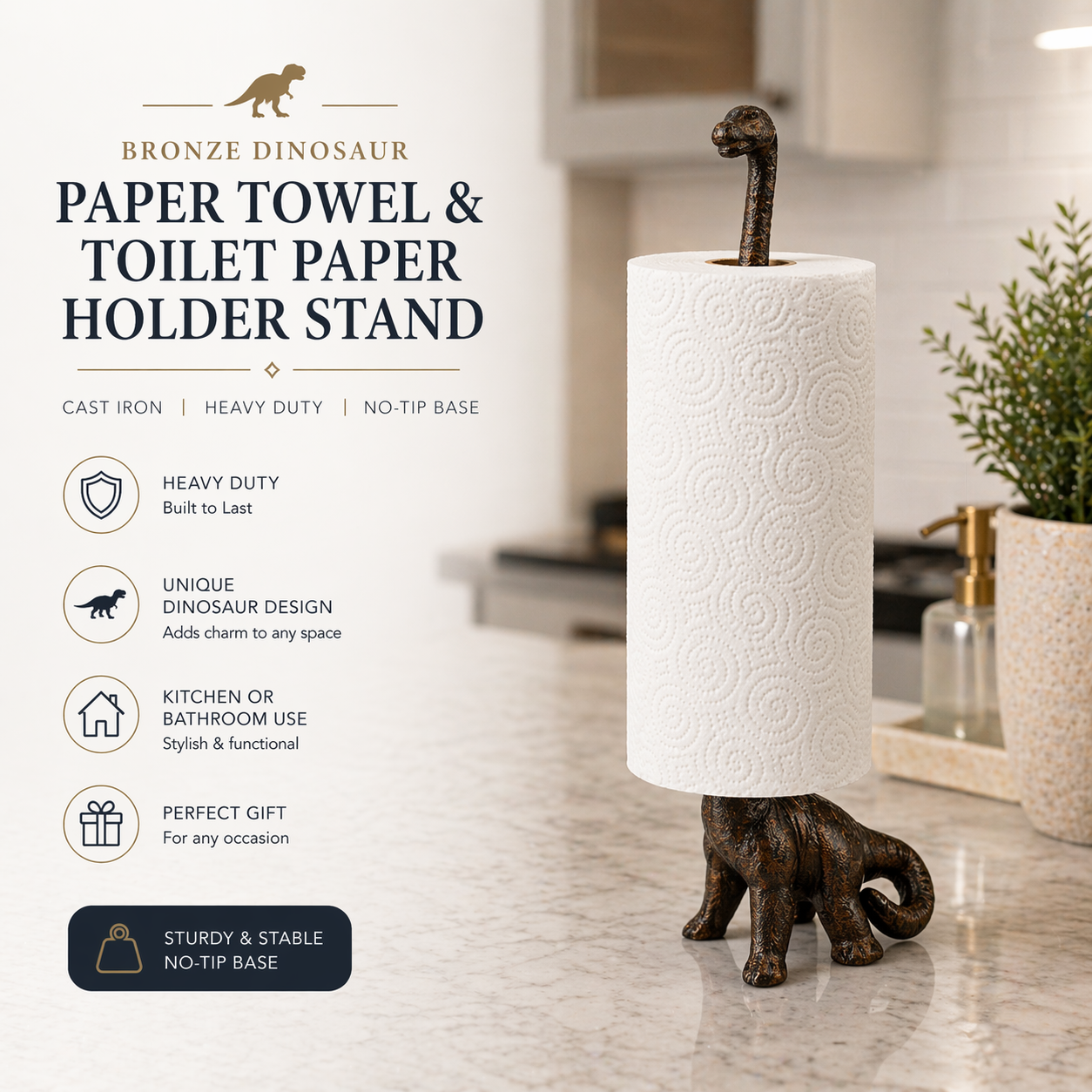 Bronze Dinosaur Paper Towel Holder & Toilet Paper Stand – 14” Cast Iron Freestanding Kitchen & Bathroom Decor, Heavy No-Tip Holder