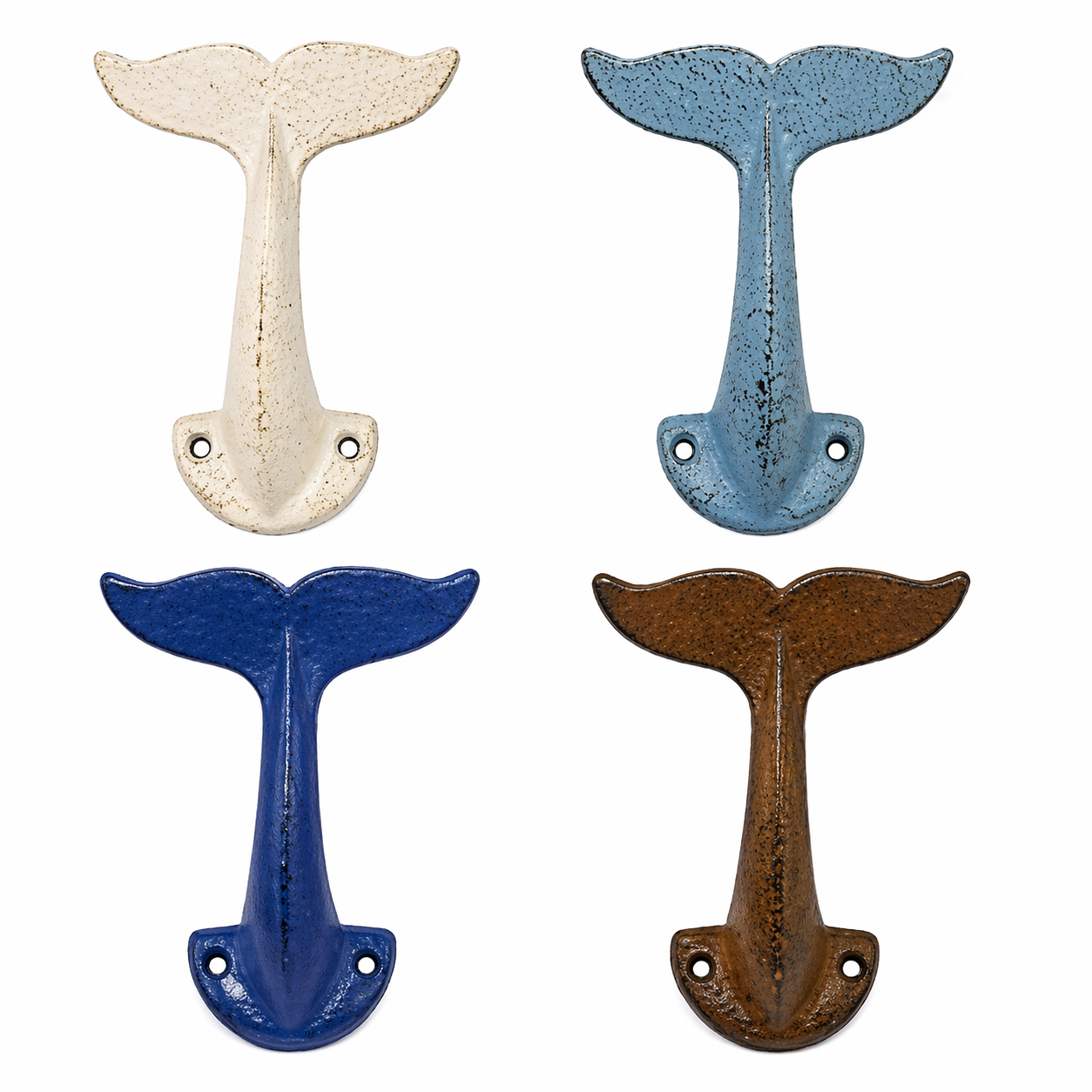 Set of 4 Whale Tail Wall Hooks – Cast Iron Nautical Beach House Decor