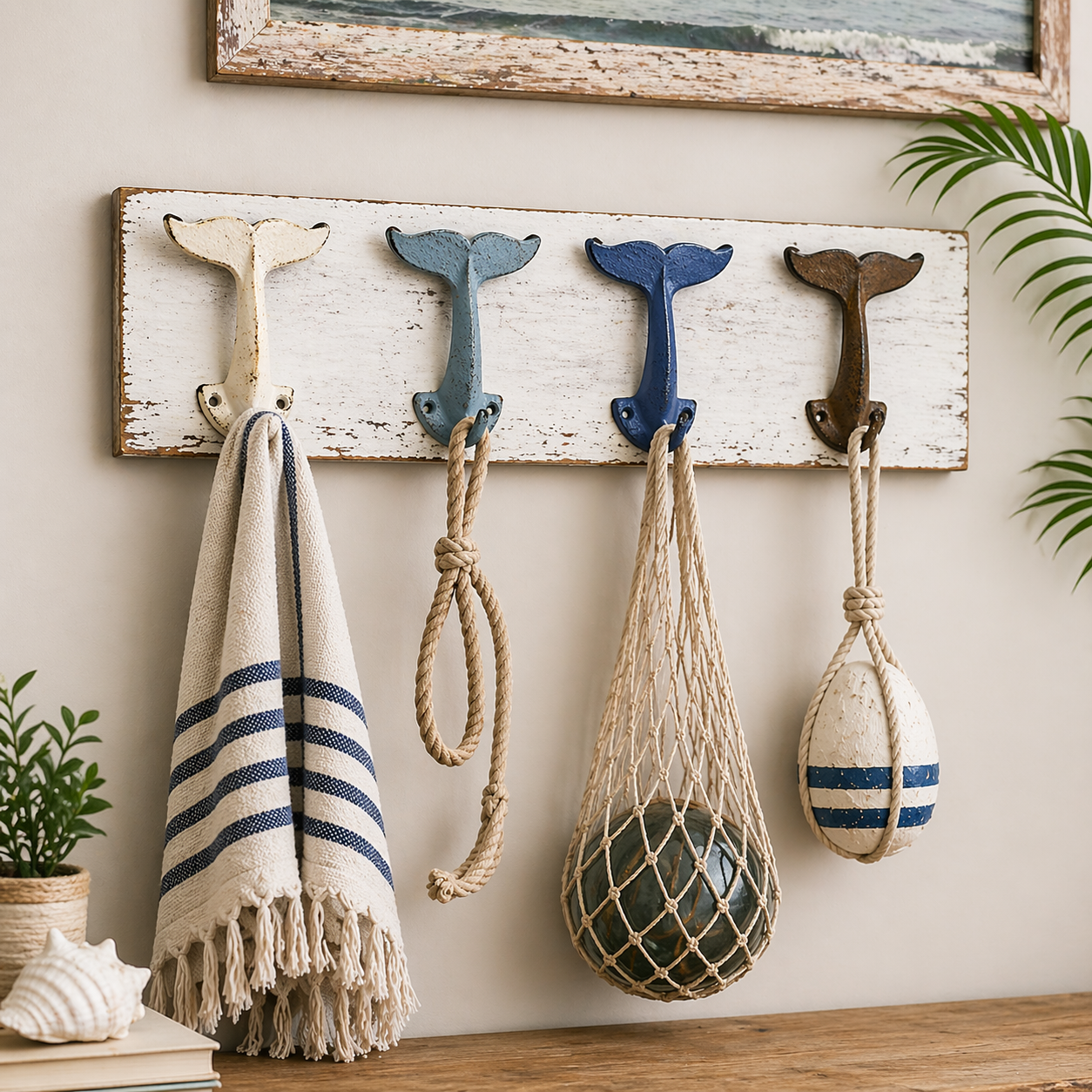 Set of 4 Whale Tail Wall Hooks – Cast Iron Nautical Beach House Decor