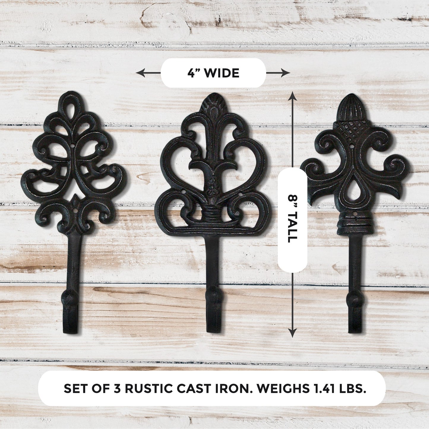 Set of 3 Fleur De Lis Wall Hooks – 8” Cast Iron Coat & Key Hooks – Wall Charmers