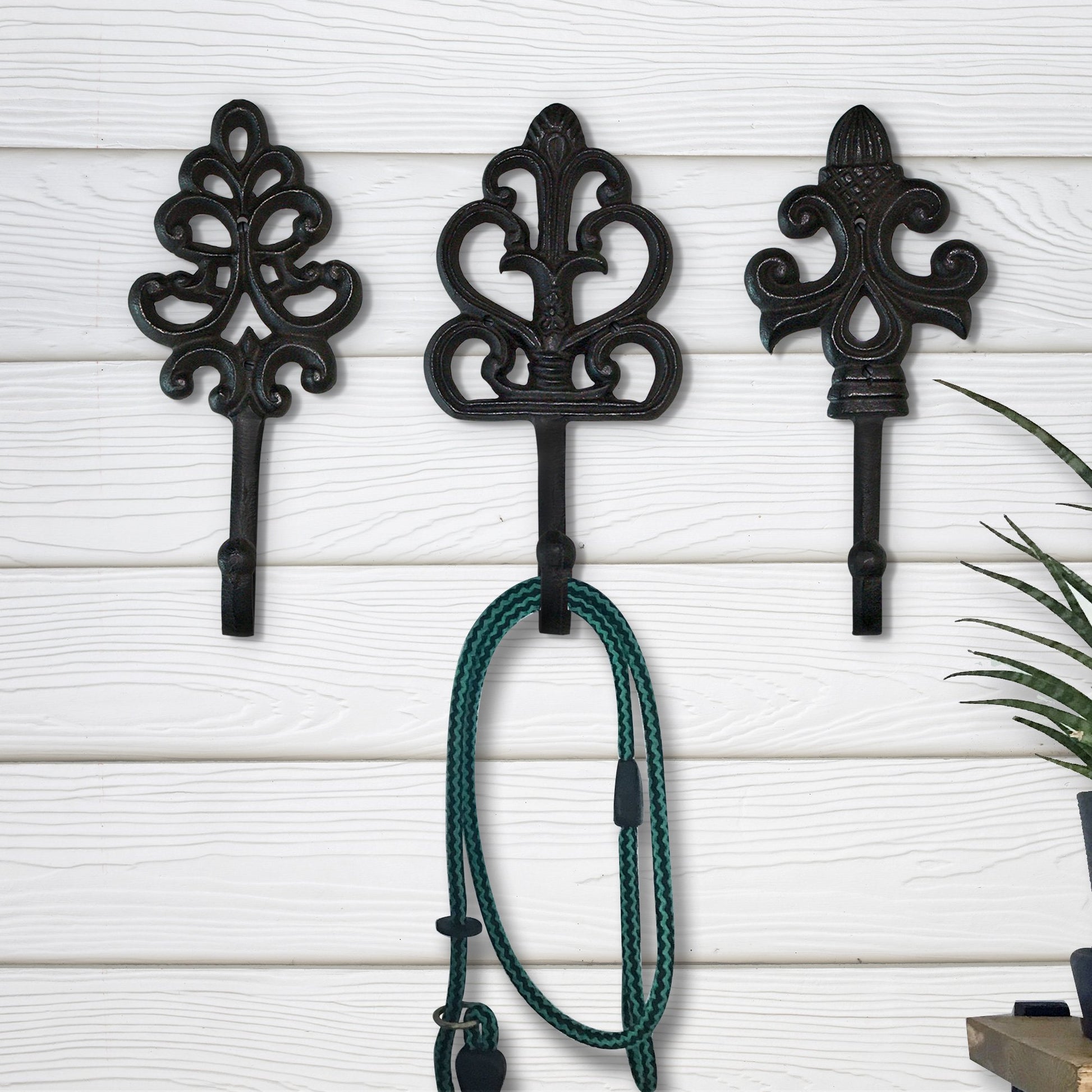 Set of 3 Fleur De Lis Wall Hooks – 8” Rustic Cast Iron Decorative Hooks, Bronze Coat & Key Hooks with Screws