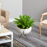 Agave Succulent Artificial Plant in White Planter with Metal Stand, 30”