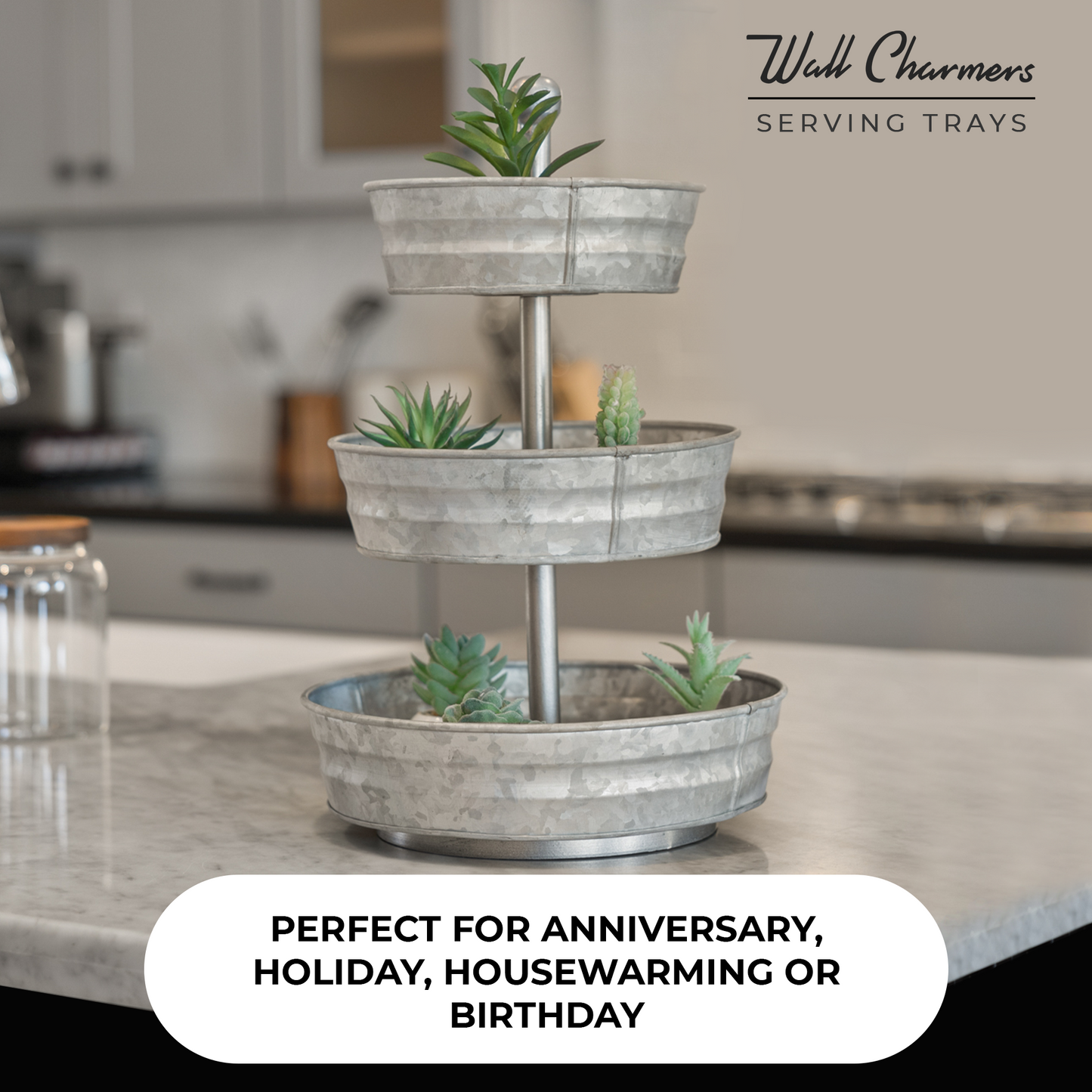 3 Tier Galvanized Round Metal Tray, 18"