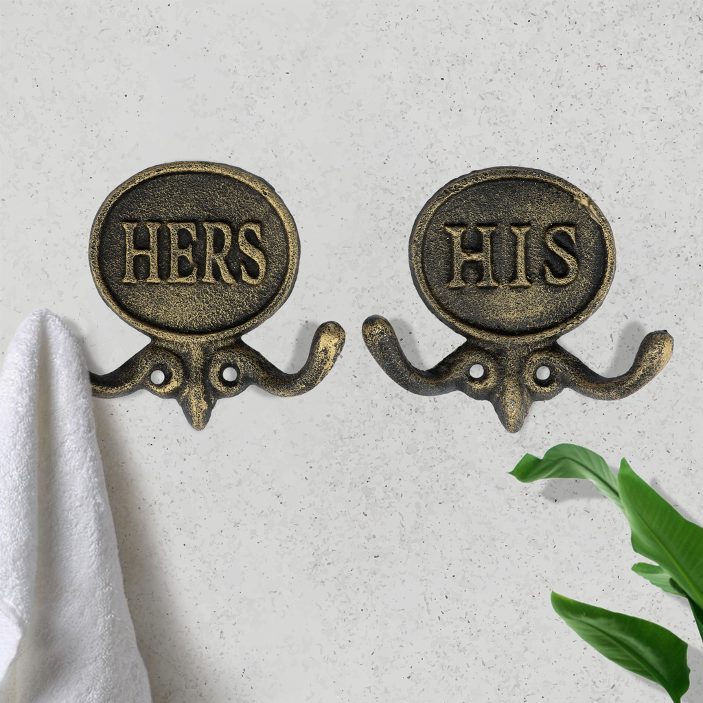Set of 2 Aged Gold His and Hers Towel Hooks, 5.8"