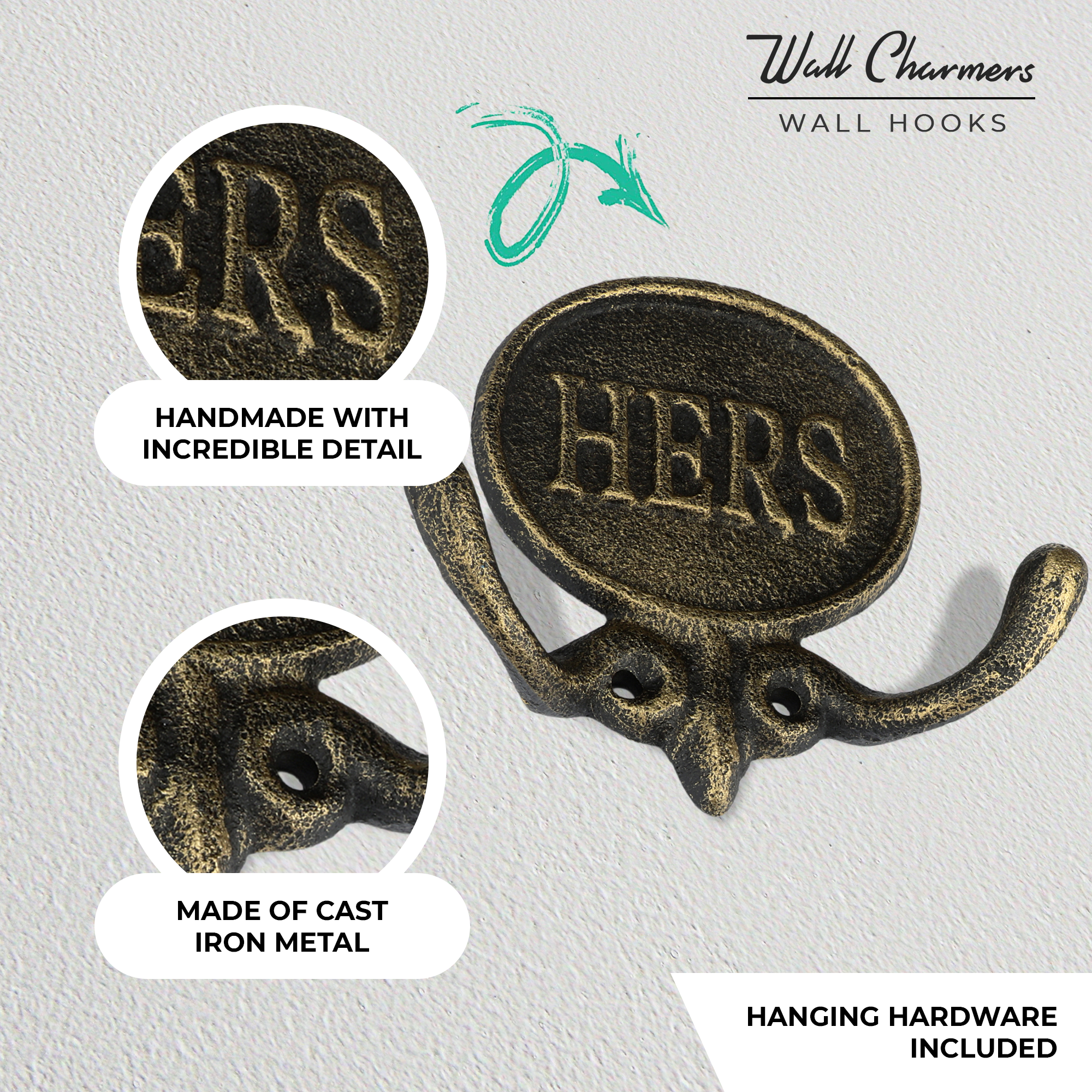 Set of 2 Aged Gold His and Hers Towel Hooks, 5.8 – Wall Charmers