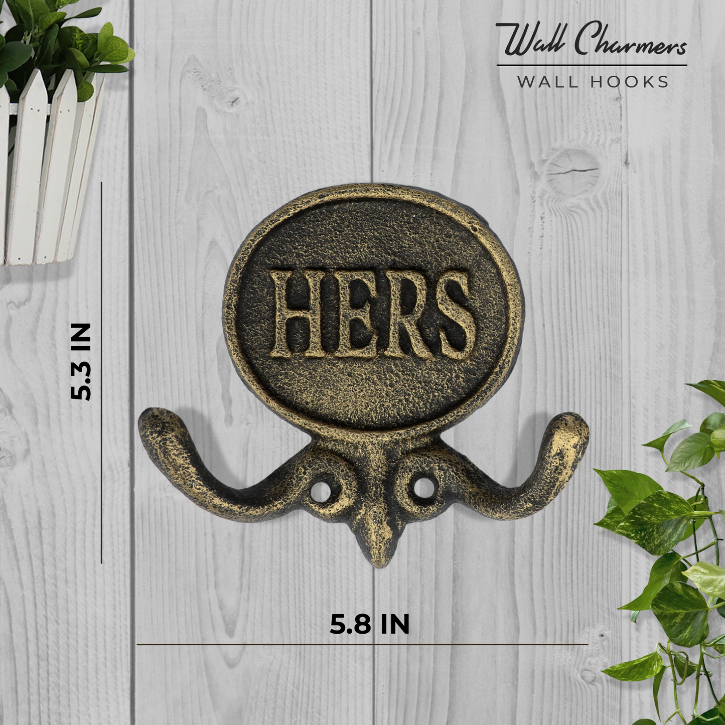 Set of 2 Aged Gold His and Hers Towel Hooks, 5.8"