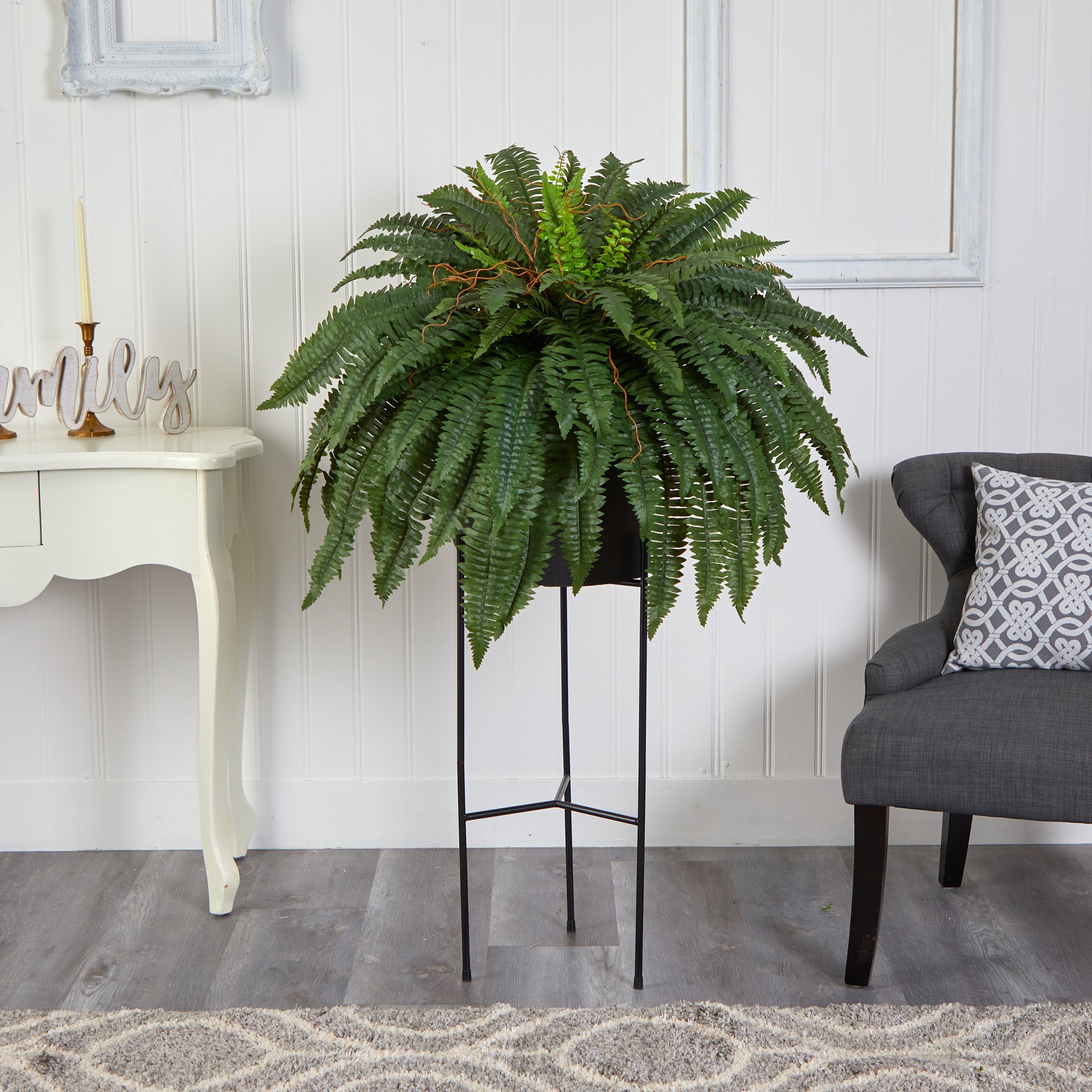 Boston Fern Artificial Plant in Black Planter with Stand, 51"