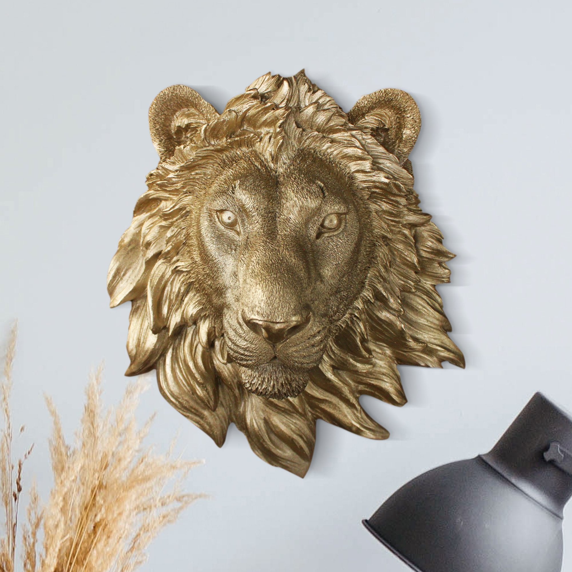 Faux lion, faux mini lion, fake mini lion, animal head wall mount, farmhouse decor, gold lion