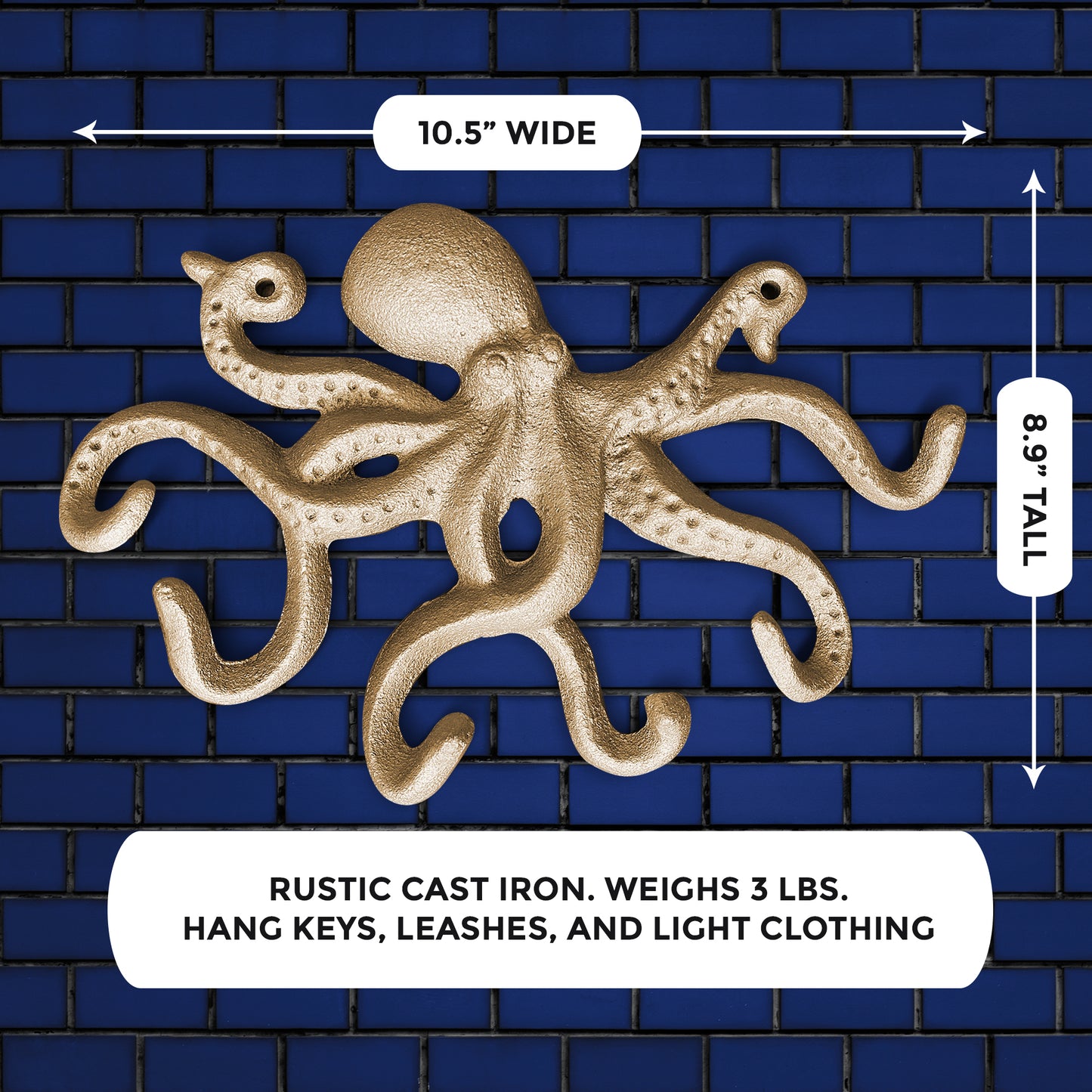 Gold Cast Iron Octopus Wall Hook, 10.5"