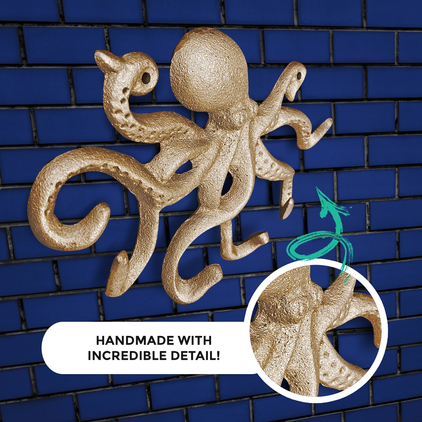Gold Cast Iron Octopus Wall Hook, 10.5"