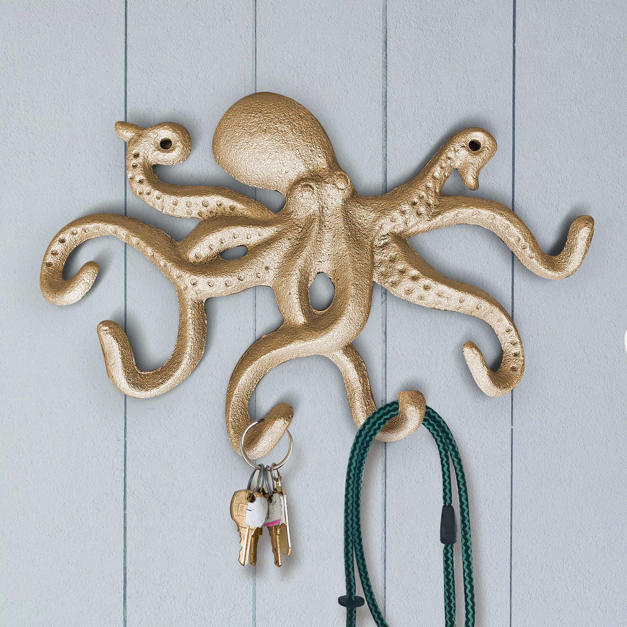 Gold Cast Iron Octopus Wall Hook, 10.5"