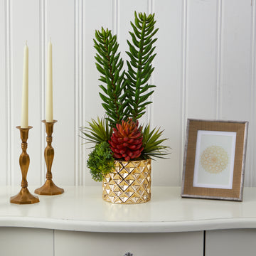 Mixed Succulent Artificial Plant in Gold Planter, 21”