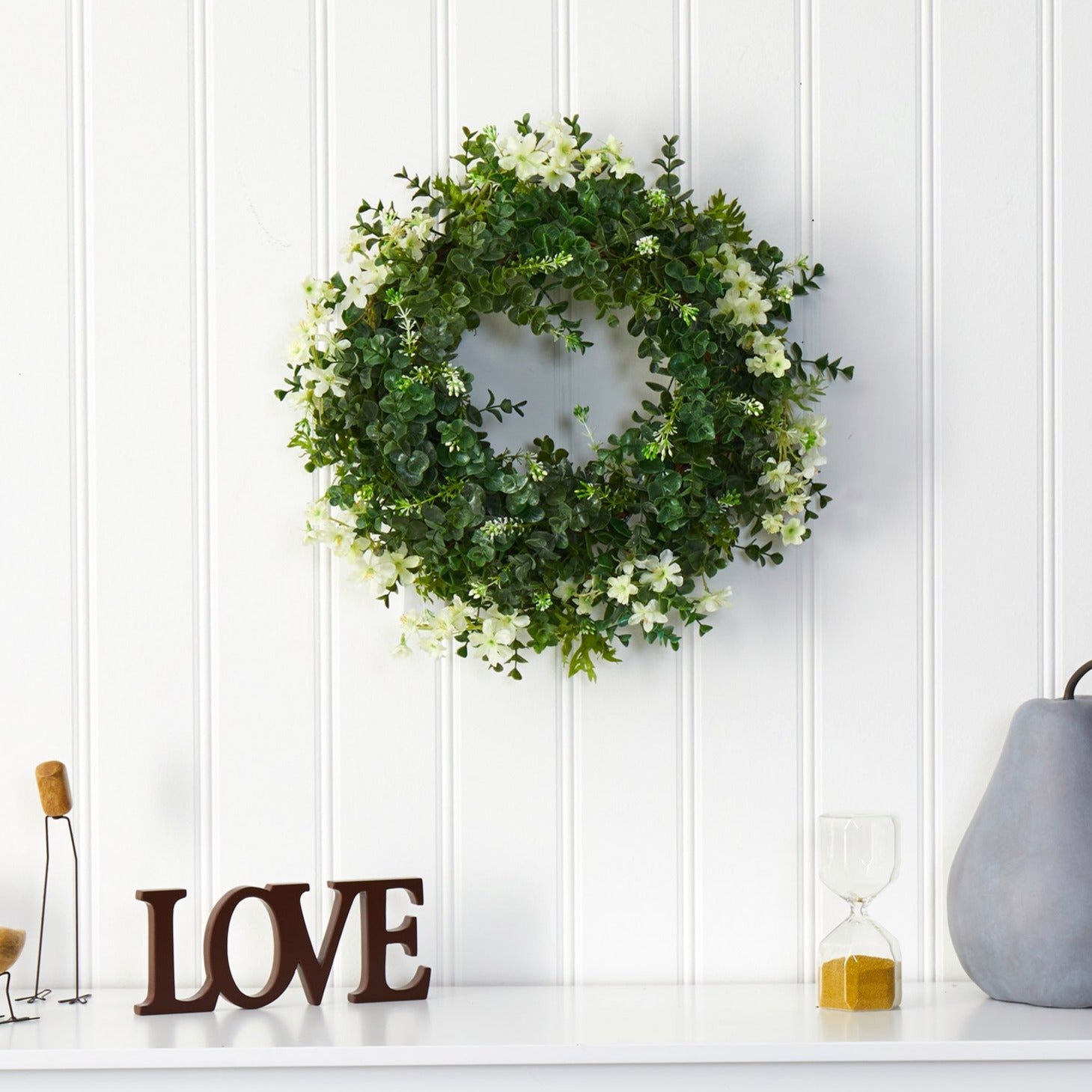 Eucalyptus and Daisy Double Ring Artificial Wreath with Twig Base, 18”