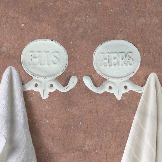 Set of 2 White His and Hers Towel Hooks, 5.8"