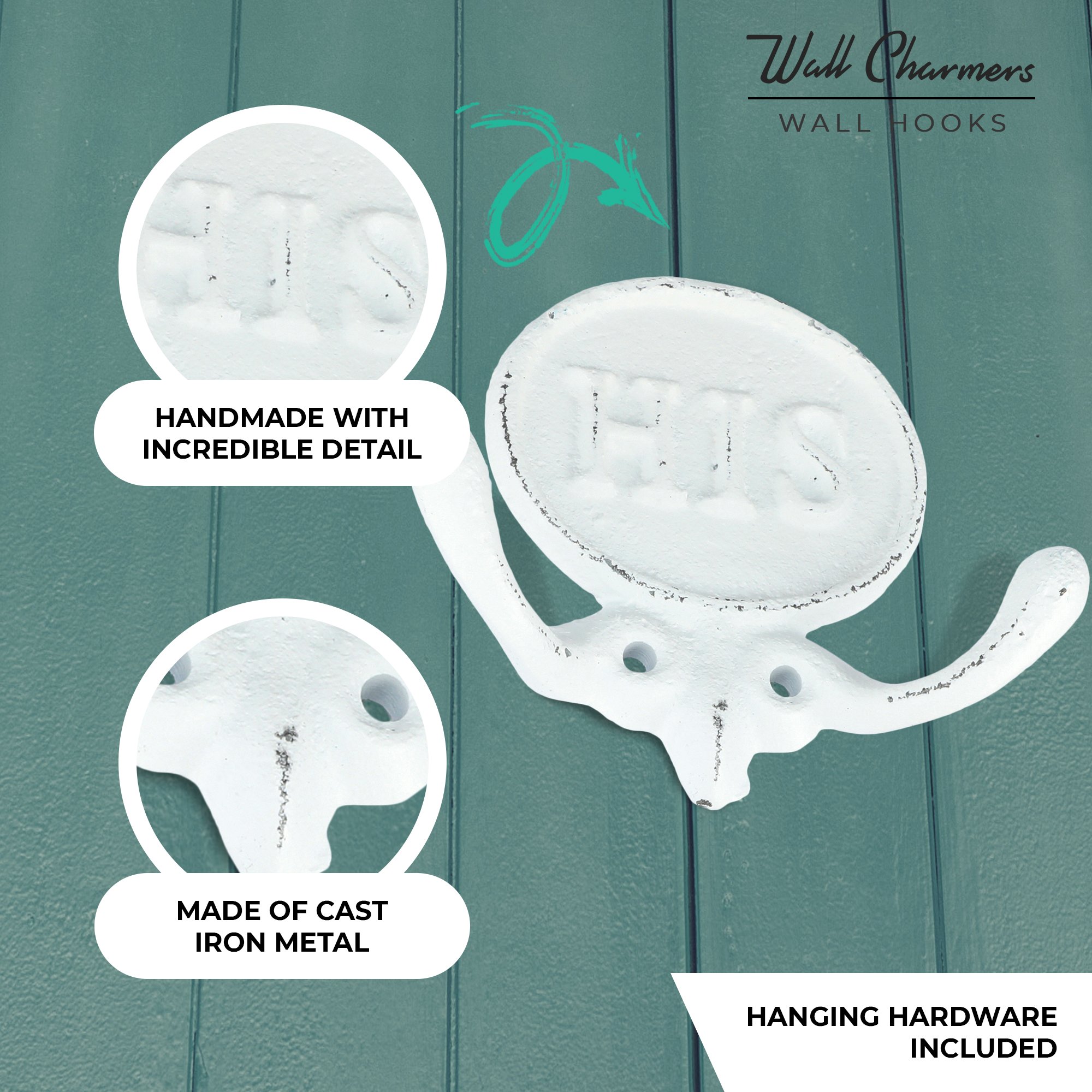 Set of 2 White His and Hers Towel Hooks, 5.8"