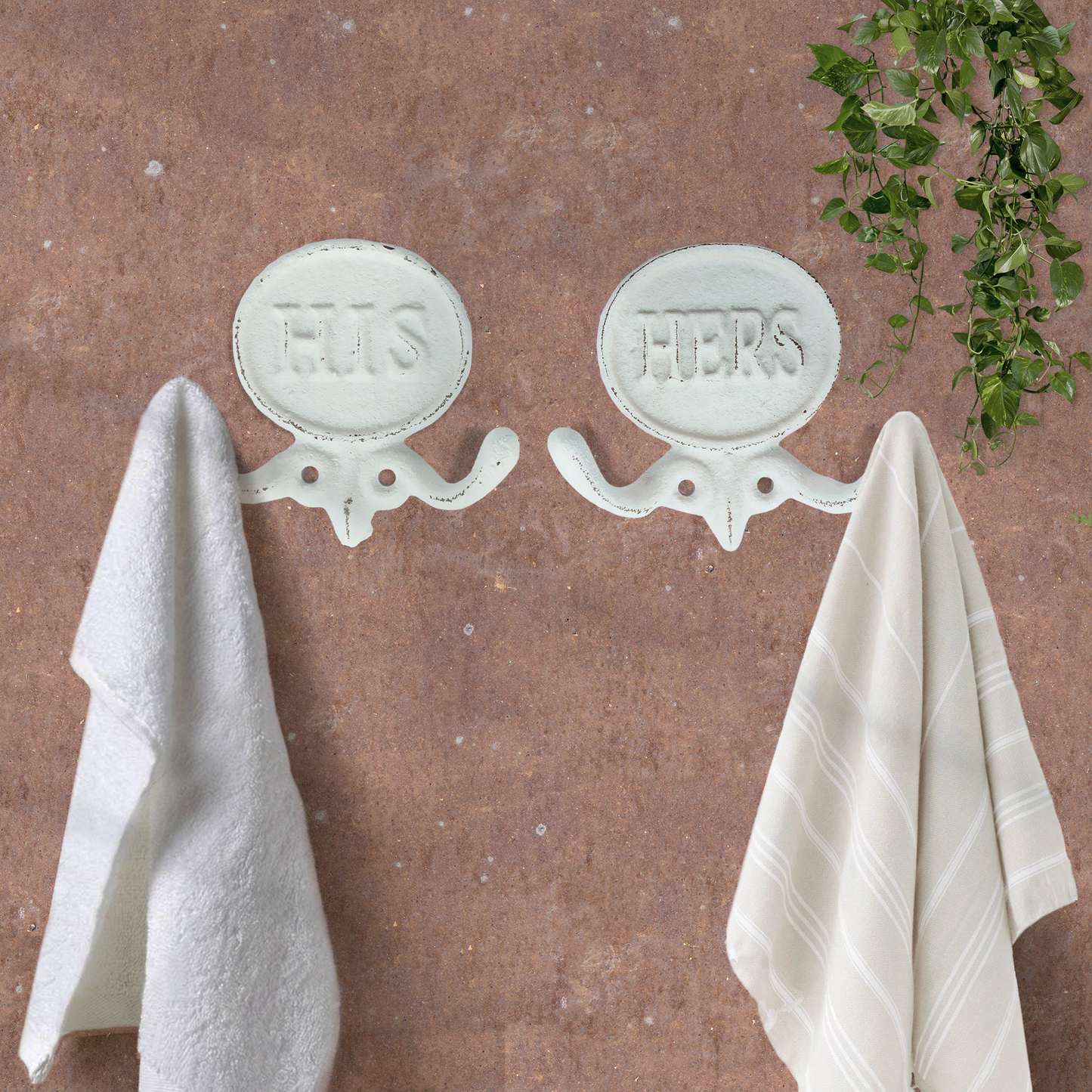 Set of 2 White His and Hers Towel Hooks, 5.8"