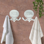 Set of 2 White His and Hers Towel Hooks, 5.8"
