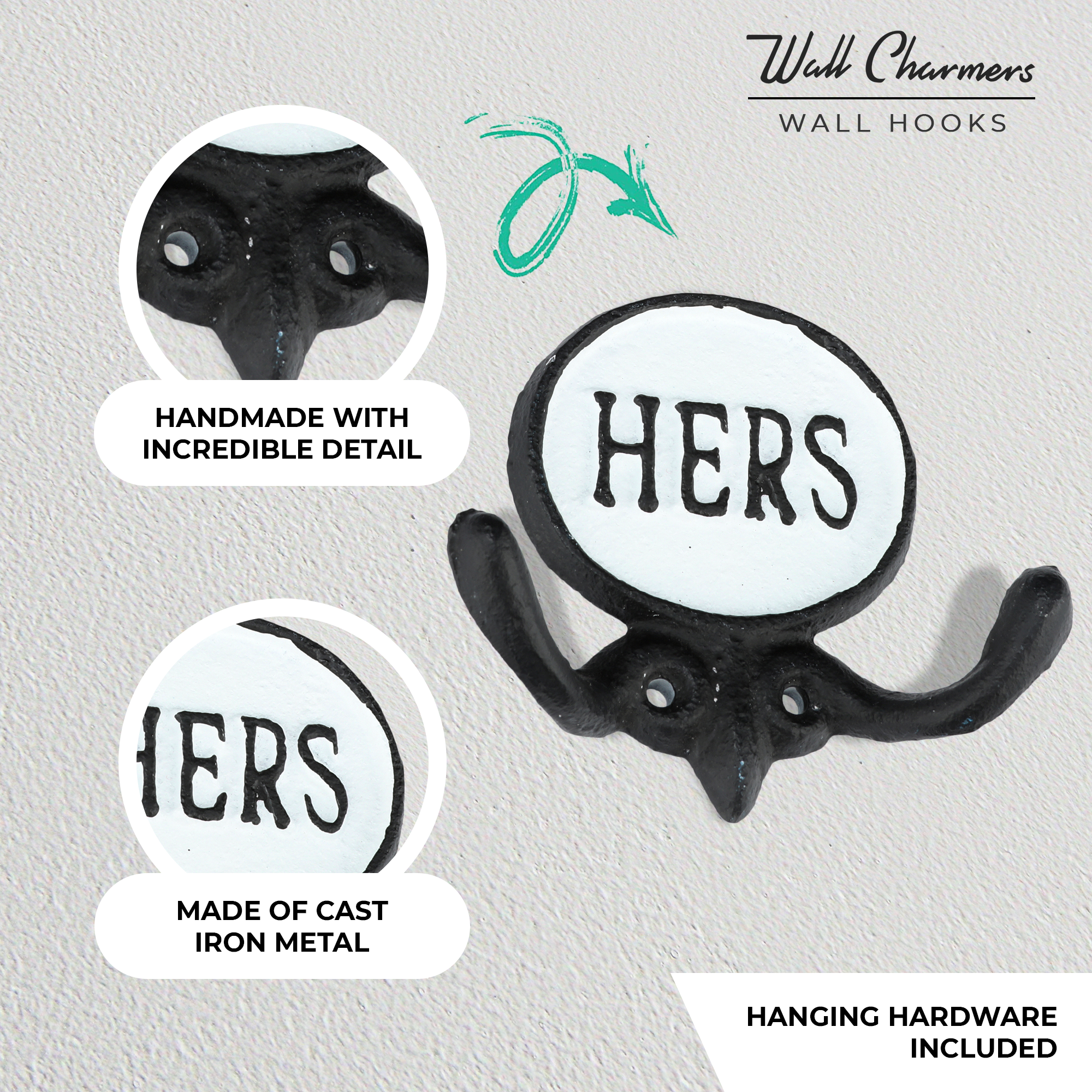 Set of 2 Black & White His and Hers Towel Hooks, 5.8 – Wall Charmers