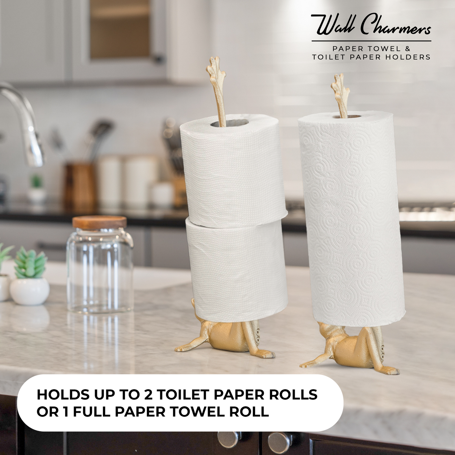 Gold Frog Toilet Paper Holder & Paper Towel Stand, 14" | Cast Iron, Won't Tip