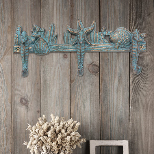Cast Iron Turquoise Patina Seahorse Wall Hooks, 11.2"